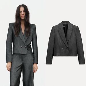 NWT Zara Grey Crop Blazer Short Shiny Size XS